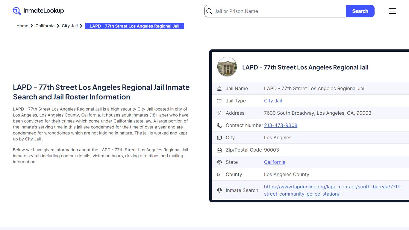 LAPD - 77th Street Los Angeles Regional Jail Inmate Search and Jail ...